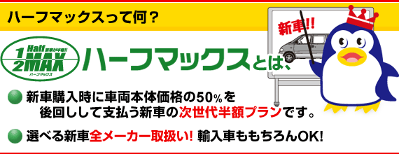 新車購入時に車両本体価格の50%を後回しして支払う新車の次世代半額プランです